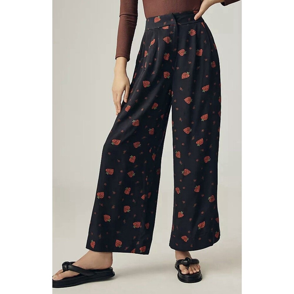 FARM Rio Anthropologie Strawberry Wide Leg Pants Black Red High Rise Viscose M
